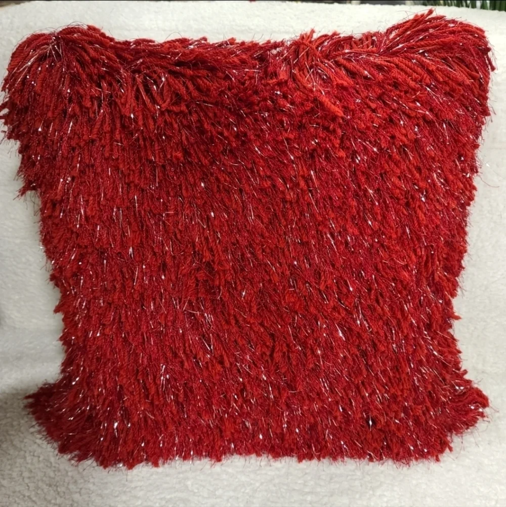 19x19 Valentines Red Shag Silver Tinsel Throw Pillow Decor by Celebrity Home NEW